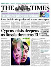 The Times (UK) Newspaper Front Page for 19 March 2013