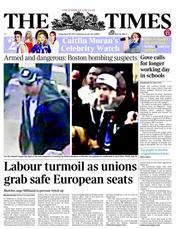 The Times (UK) Newspaper Front Page for 19 April 2013