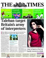 The Times (UK) Newspaper Front Page for 1 August 2011
