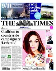 The Times (UK) Newspaper Front Page for 3 September 2011